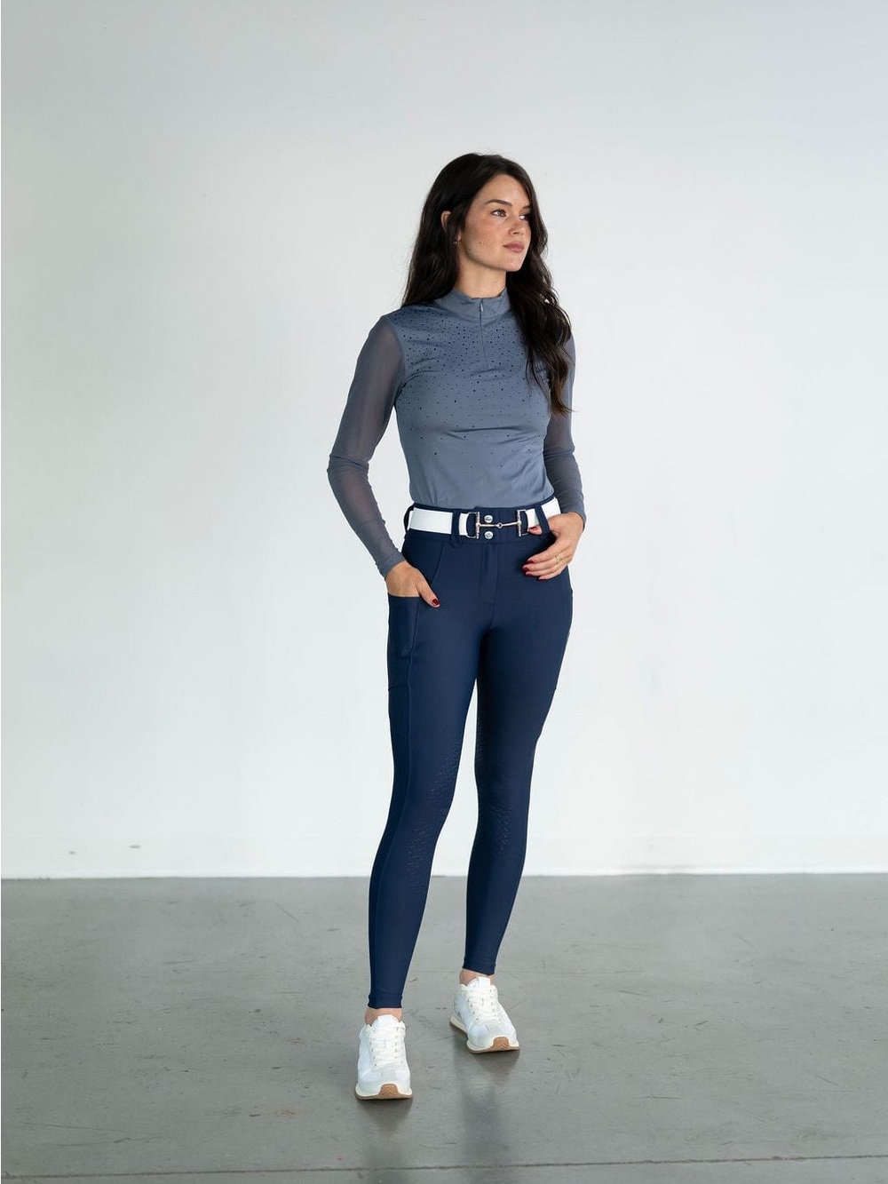 Free Ride Equestrian Lux Zip Breeches | Navy Performance Riding Tights Medium
